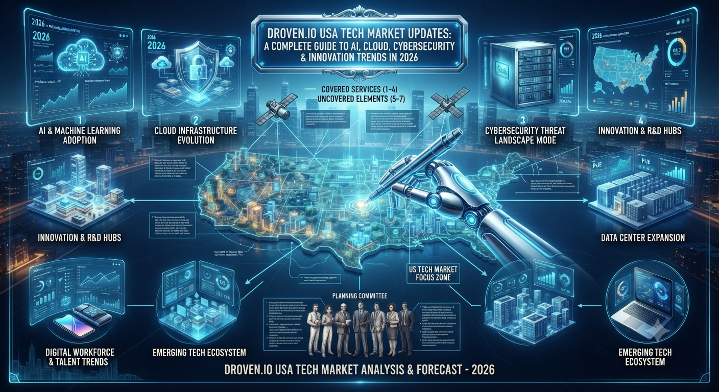 Droven.io USA Tech Market Updates: Modern technology dashboard showcasing AI, cloud computing, cybersecurity, automation, and innovation trends shaping the U.S. tech industry in 2026.