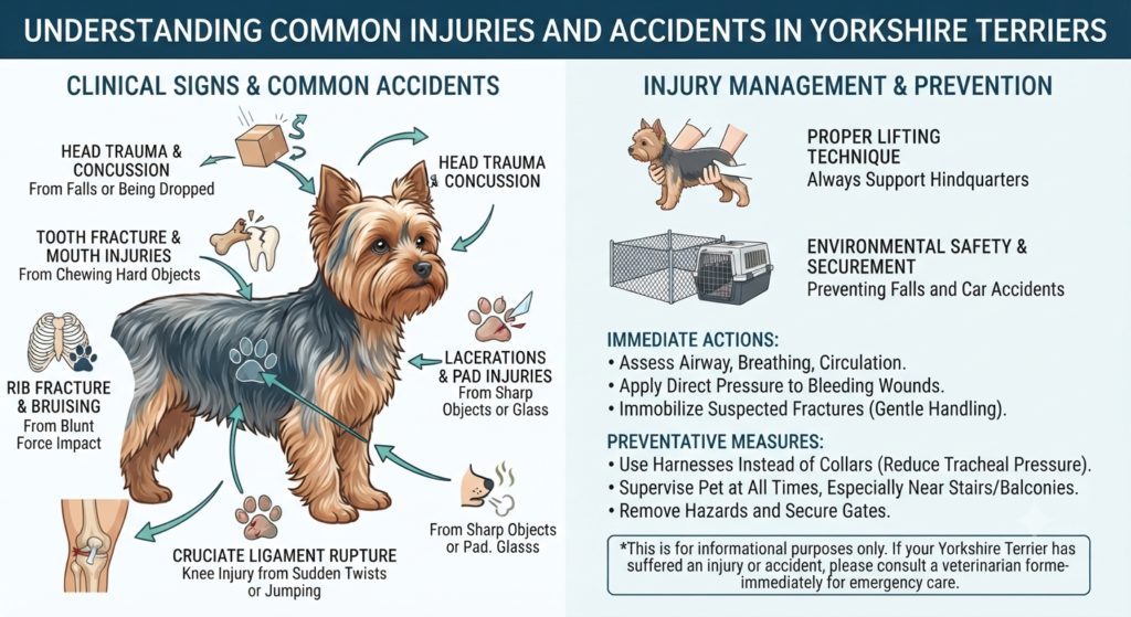What Do Yorkies Usually Die From? Yorkshire Terrier standing outdoors with educational information about lifespan and age-related health issues.