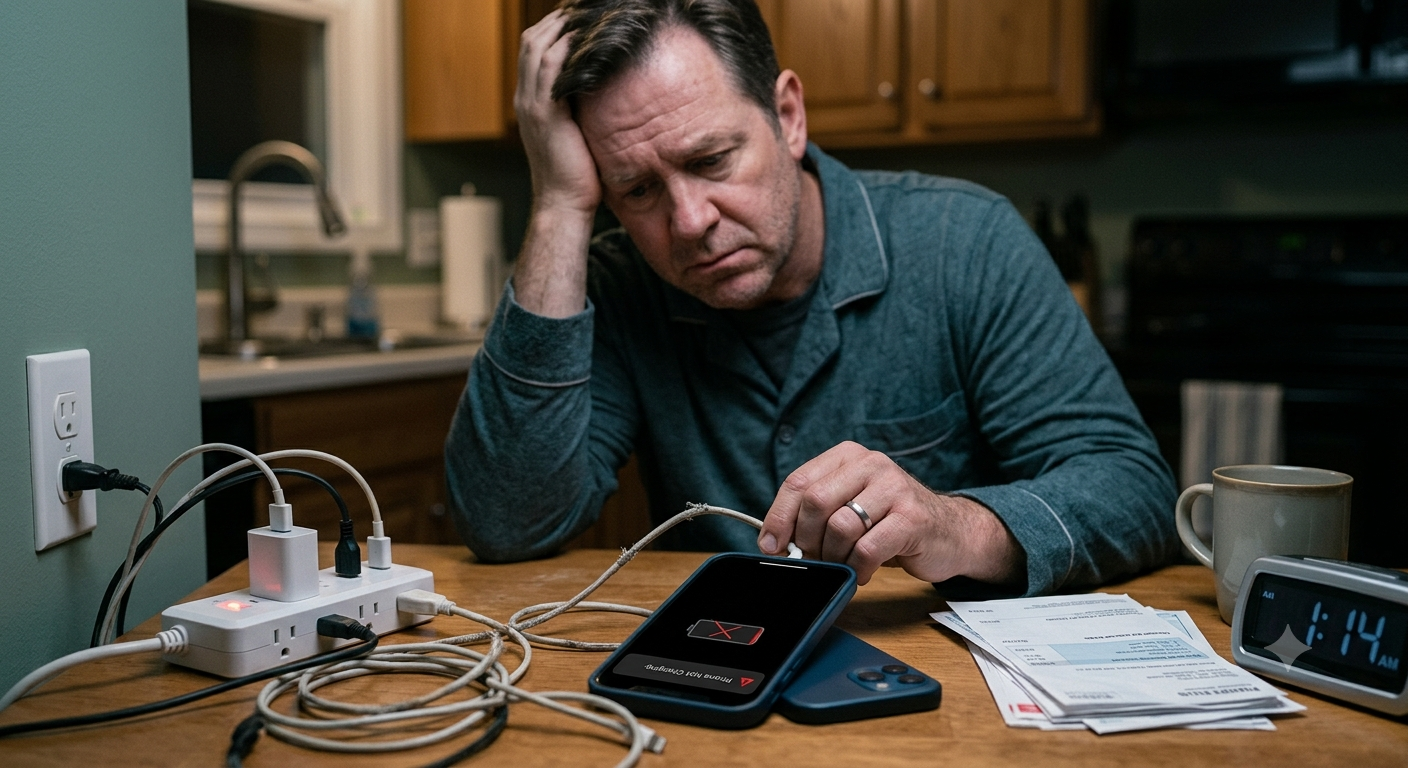Why Is My Phone Not Charging? Smartphone connected to a charger while troubleshooting common charging problems and battery issues.