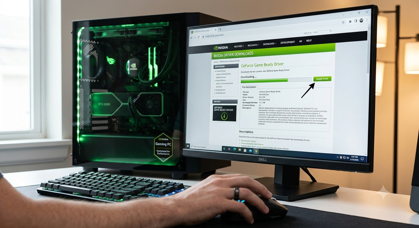 A close-up shot of a gaming PC setup displaying an open software screen on how to update NVIDIA driver safely.