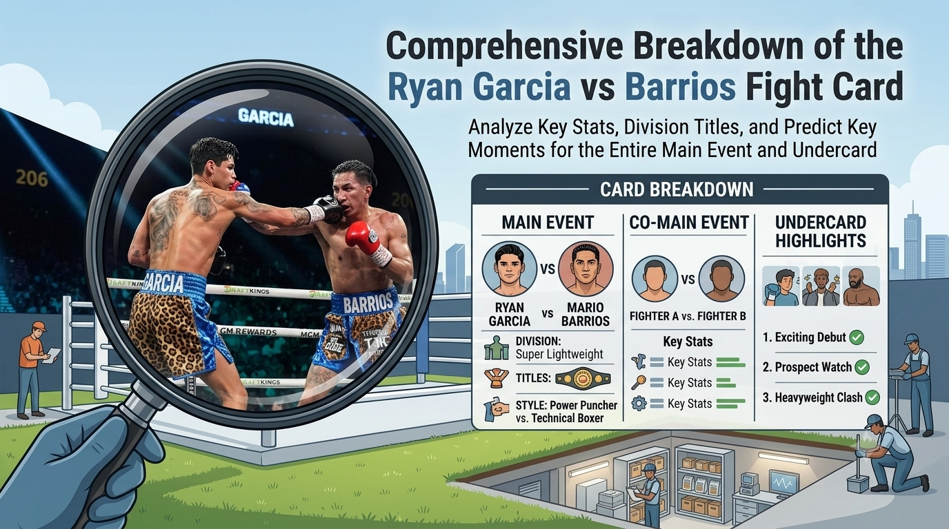 Ryan Garcia vs Barrios Fight Card featuring the main event, undercard fights, featured boxers, and key boxing matchups.